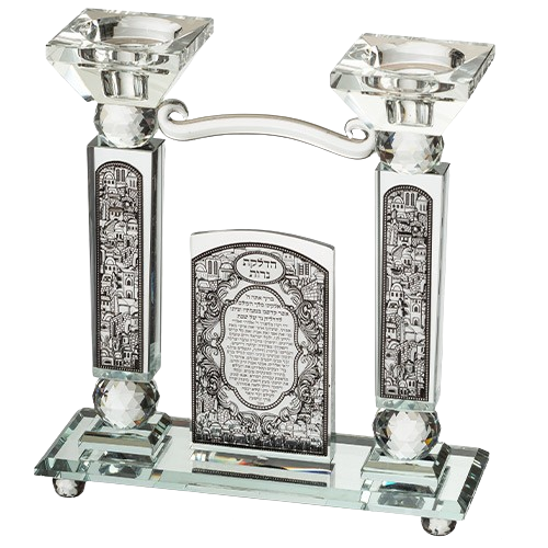 Crystal Candlesticks with Metal Plaque